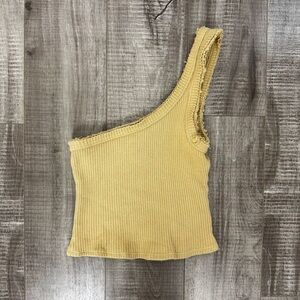 Urban Outfitters Yellow Tan Ribbed One Shoulder Tank Top Cotton Blend Size Small